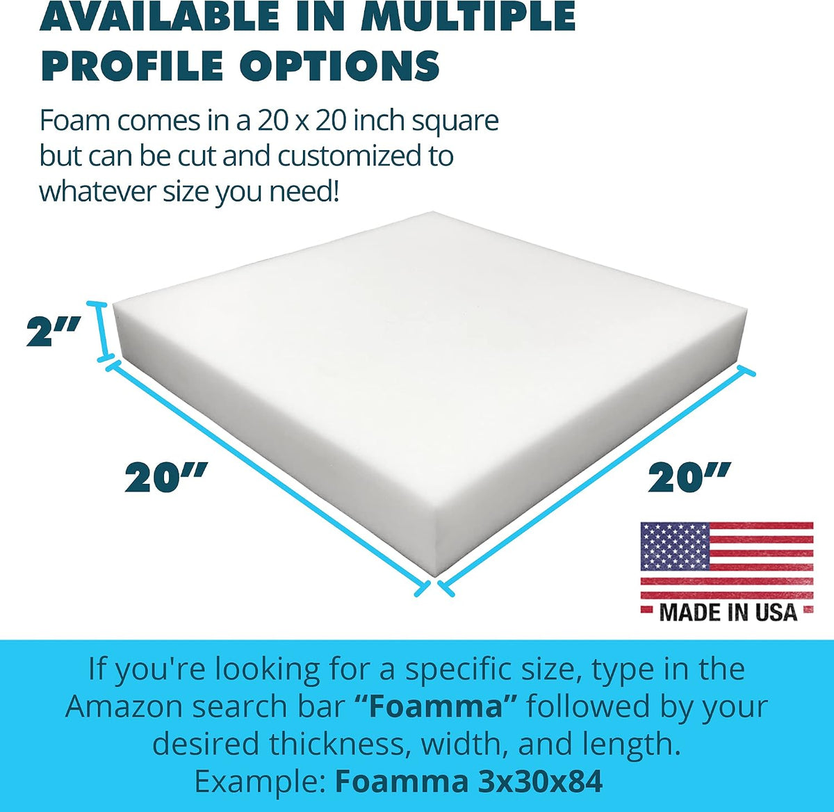 Foamma 2" x 20" x 20" High Density Upholstery Foam Padding, Thick-Custom Pillow, Chair and Couch Cushion Replacement Foam
